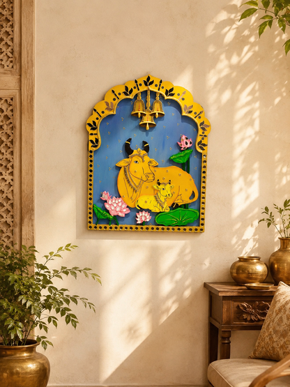 Kamdhenu Cow and Calf Pichwai Jharokha Wall Decor