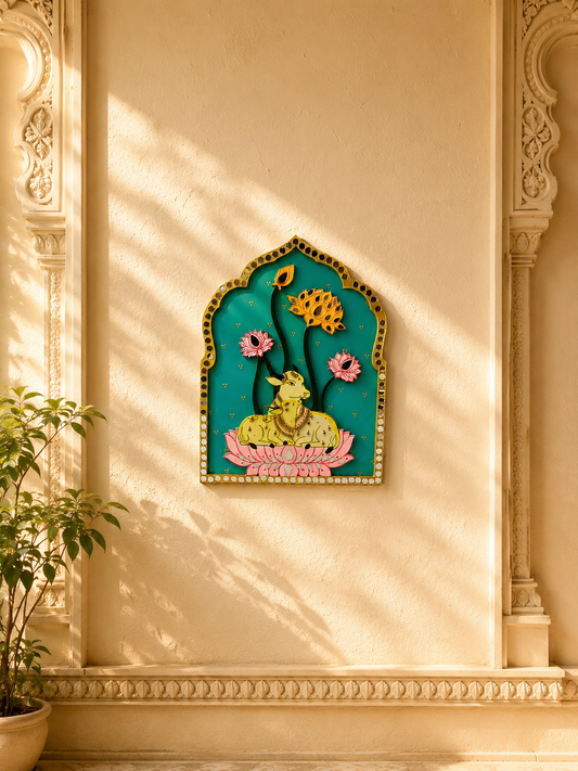 Kamdhenu Cow & Calf Lotus Pichwai Wall Frame