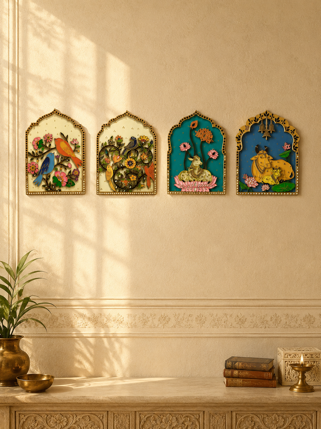 Kamdhenu Cow & Calf Lotus Pichwai Wall Frame