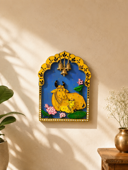 Kamdhenu Cow and Calf Pichwai Jharokha Wall Decor