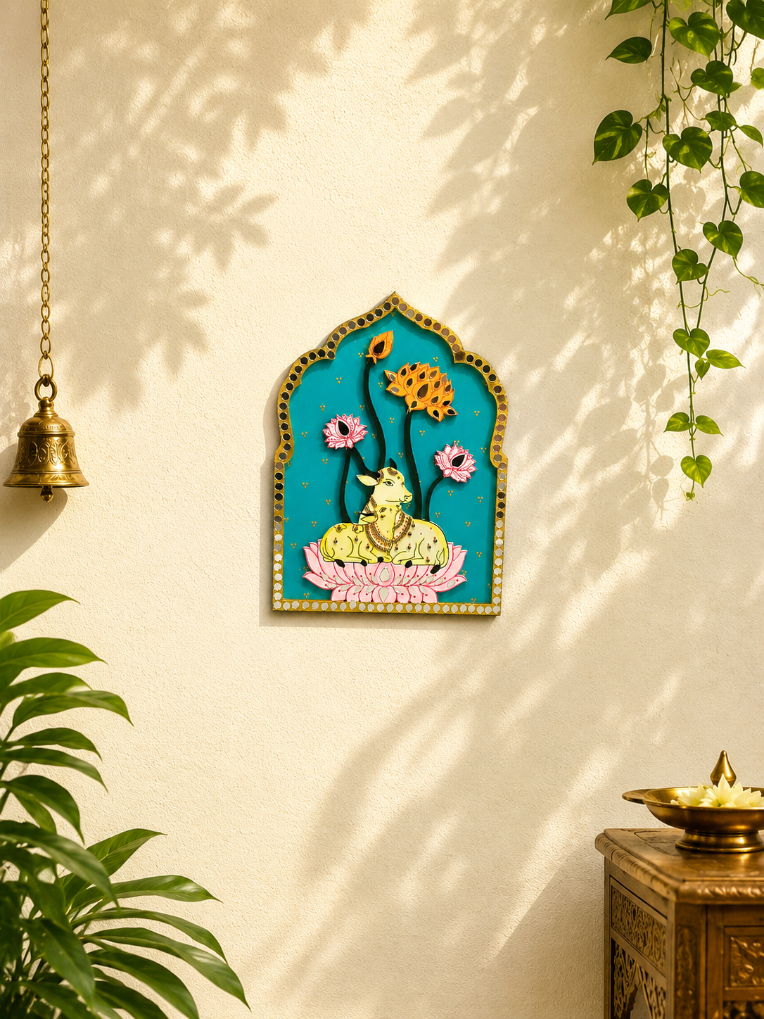 Kamdhenu Cow & Calf Lotus Pichwai Wall Frame