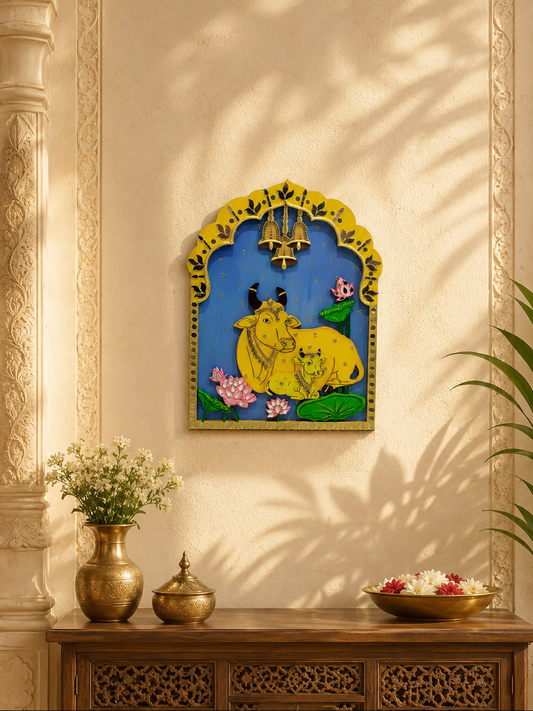 Kamdhenu Cow and Calf Pichwai Jharokha Wall Decor