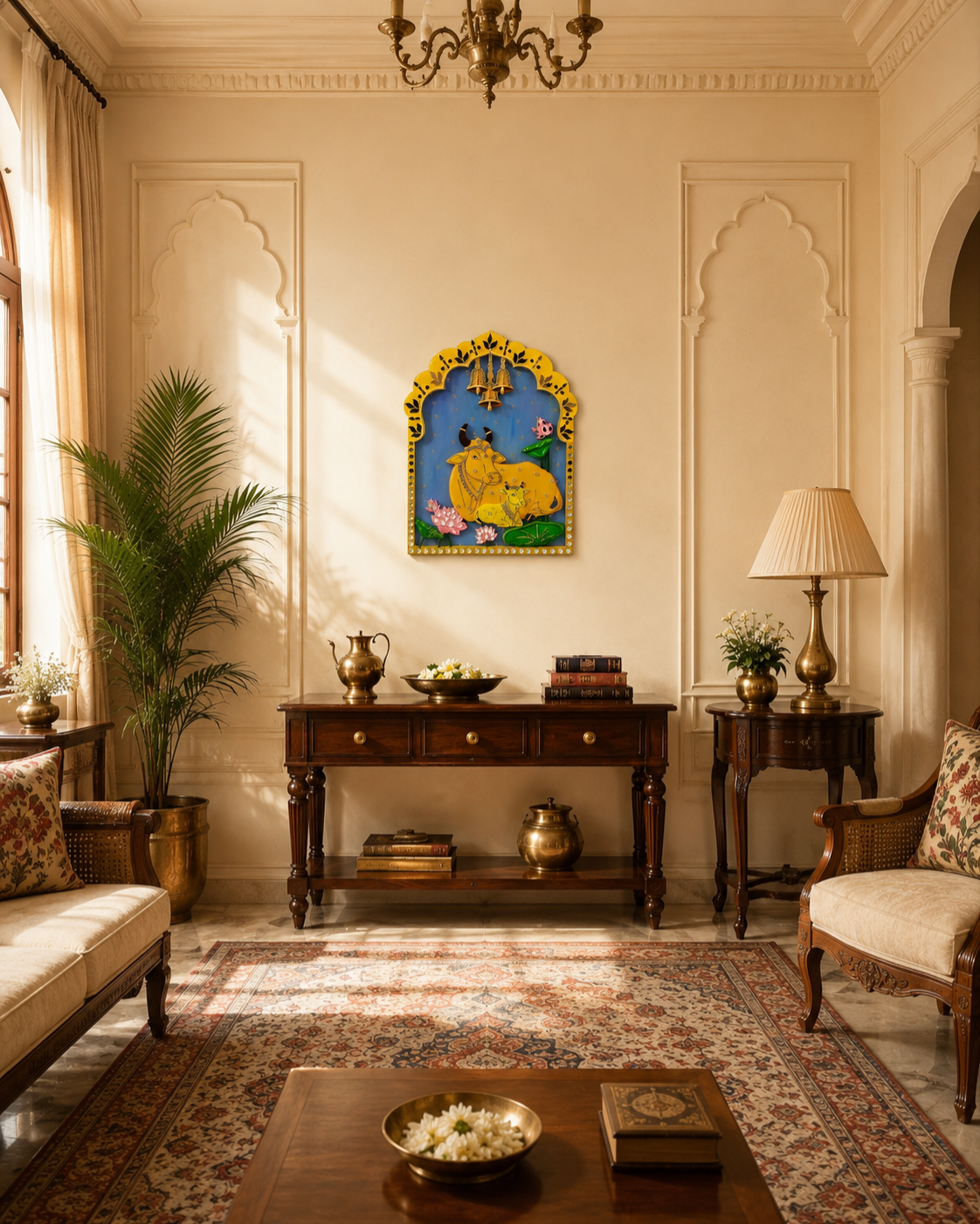 Kamdhenu Cow and Calf Pichwai Jharokha Wall Decor